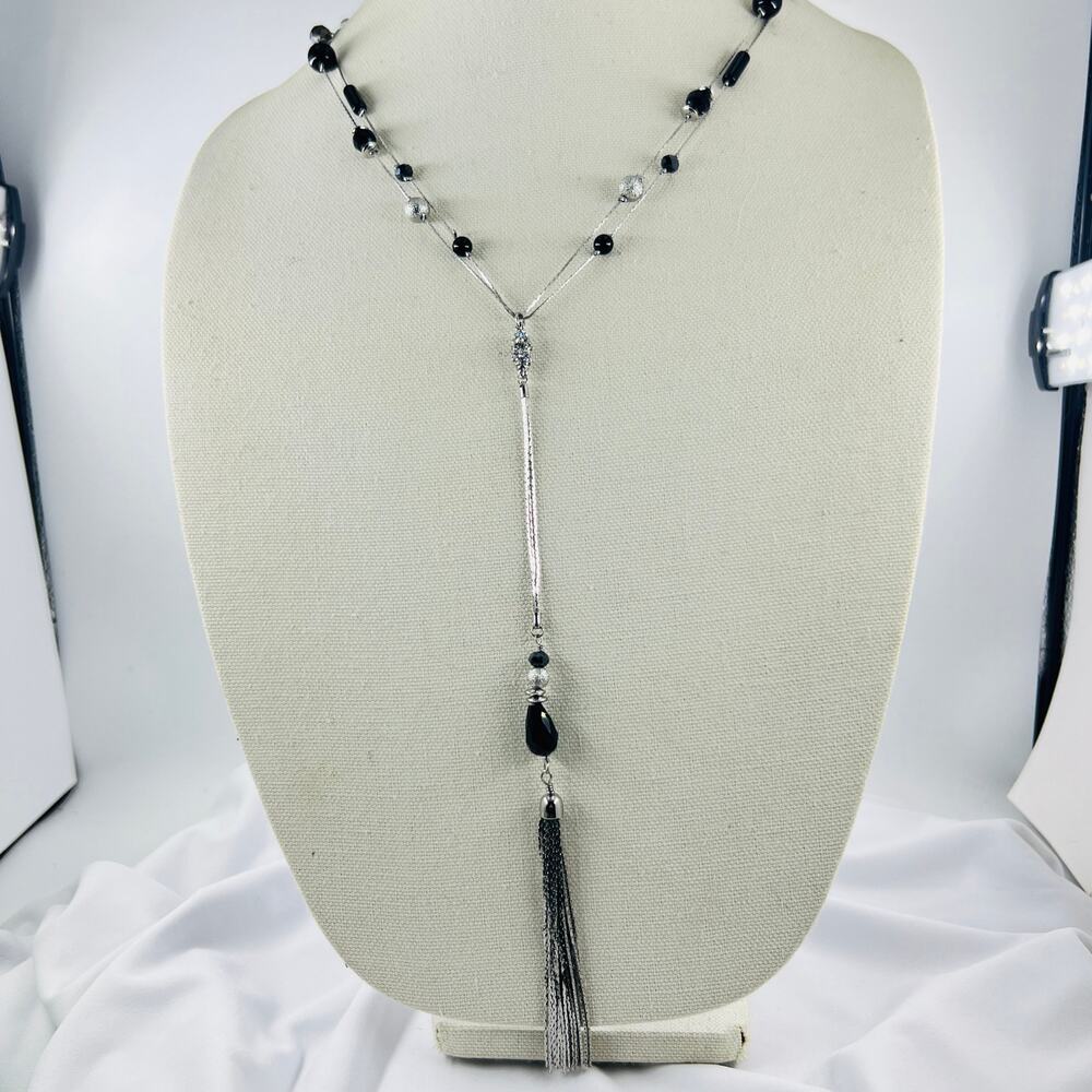 White House Black Market Long Silver Tone Black Bead Tassel Y Necklace Statement